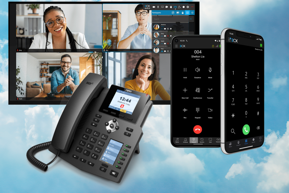 Image of video conferencing software, an app and desk phone